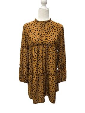 Solution Brown Spotted Tiered Babydoll Mini Dress